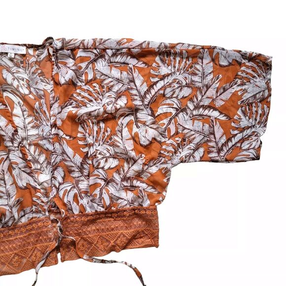 TIMING Blouse Womens XL Orange Wide Sleeve Lace Tie Front Tropical Print Boho - Picture 5 of 7